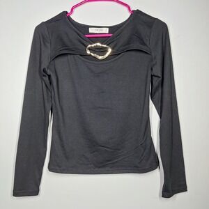 Wild Love Top Womens Small Black Cutout Buckle Long Sleeve Gold Hardware Blouse